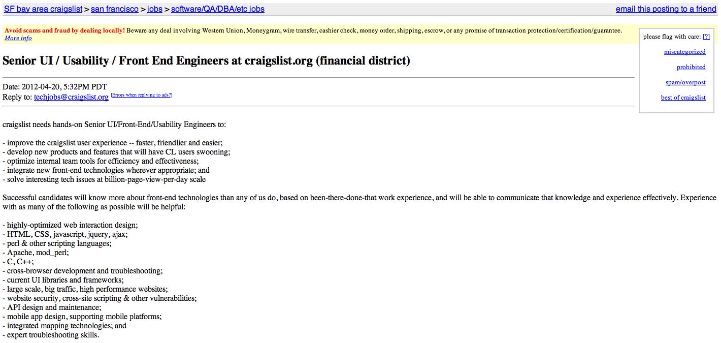 Craigslist Engineer job posting