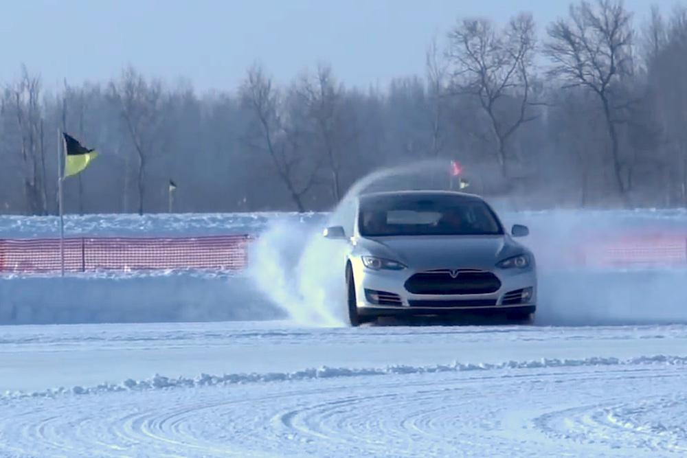 driving winter wonderland tesla model s in snow