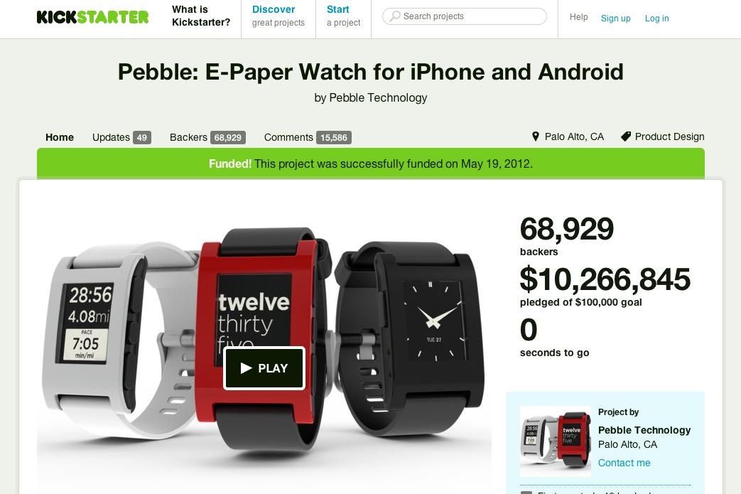 kickstarter ends 2013 480 million funding pebble