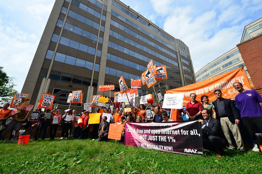 Protesters hold a rally in front of the FCC headquarters in Washington D.C. on May 15th.