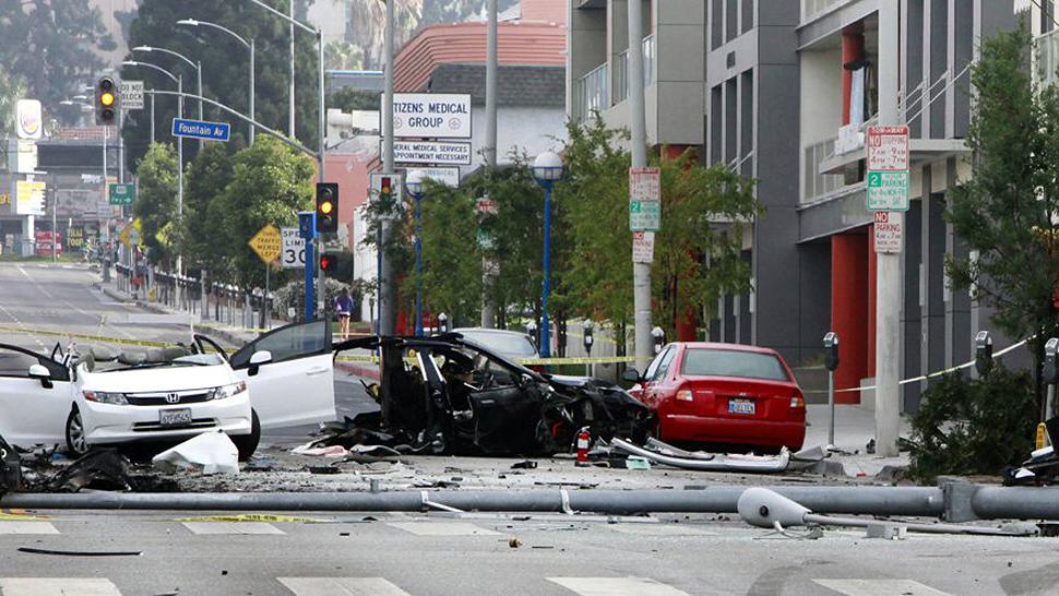 police pursuit stolen tesla results fiery crash video fire burn