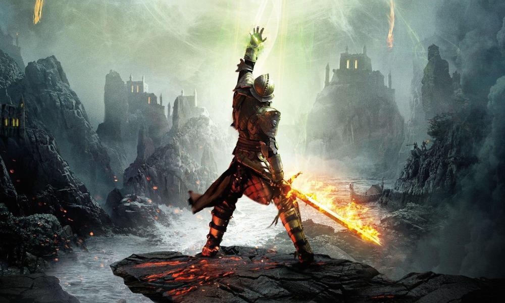 The Inquisitor with their back to the camera, their left hand raised, and their right hand holding a flaming sword on the cover of Dragon Age: Inquisition.