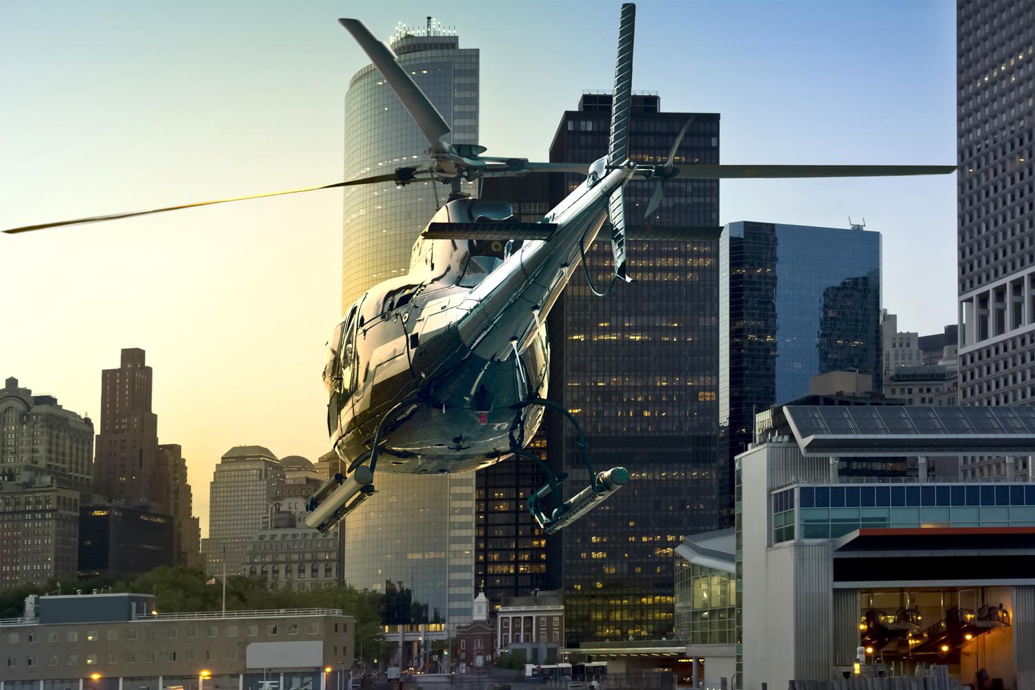 helicopter flys through manhattan