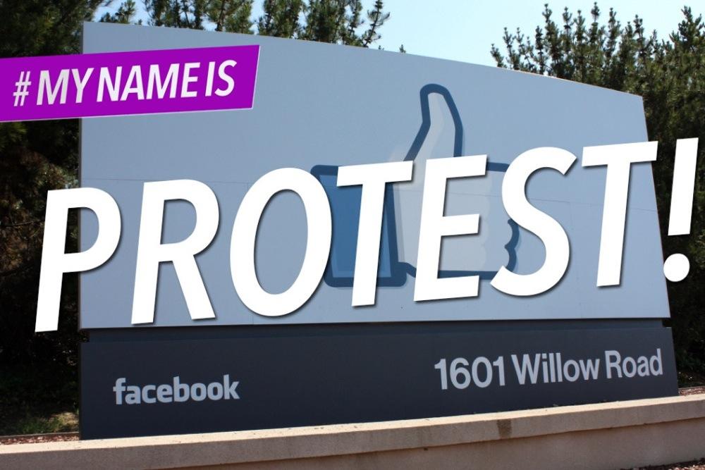 protestors demonstrate outside facebook hq against fake name policy mynameiscampaign protest graphic