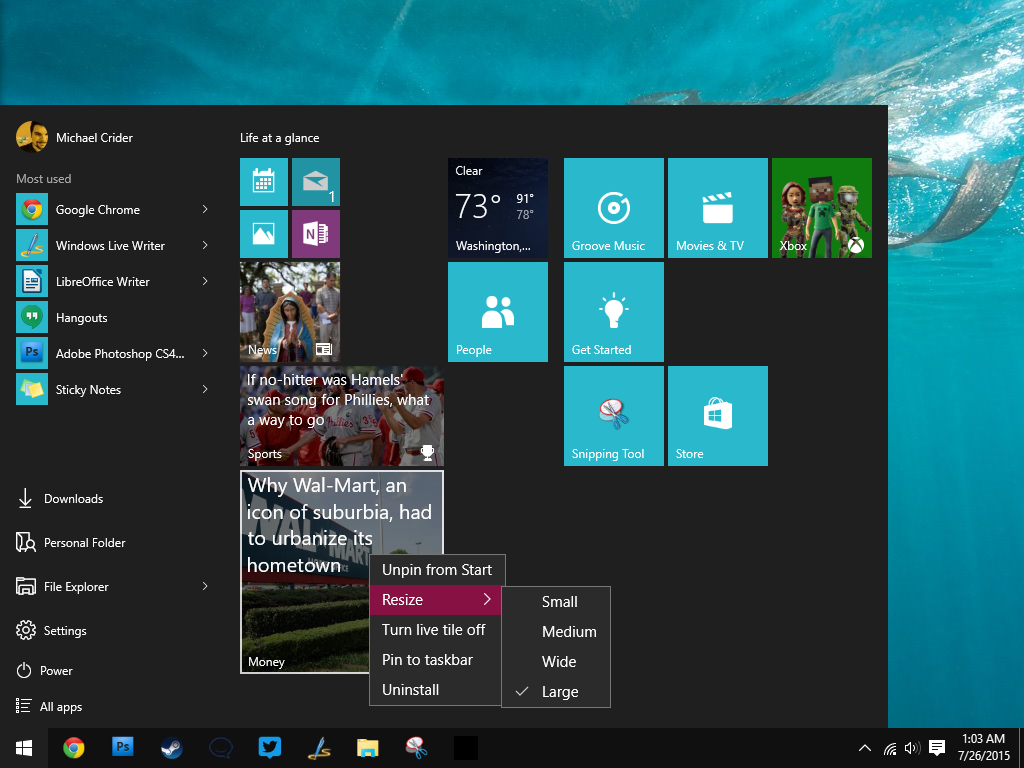 windows 10 start menu advert tile resize