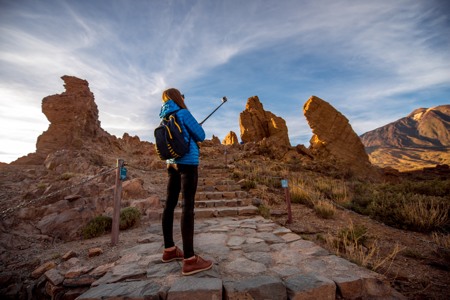 best gopro selfie sticks female traveler in teide park