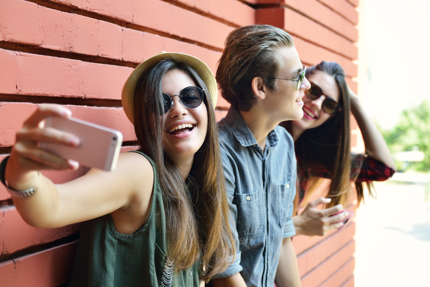 finstagram fake instagram young people having fun outdoor and making selfie with smart pho