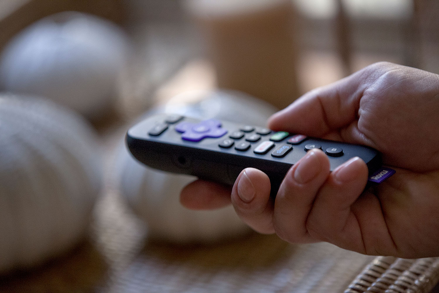 A hand holding a Roku remote.