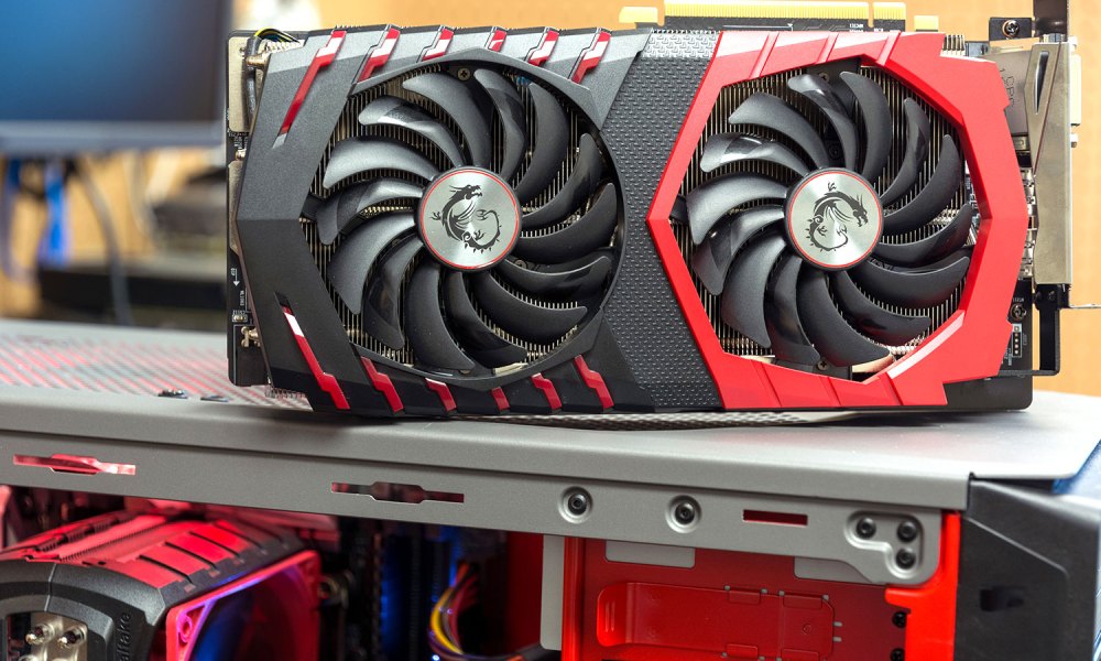 MSI Radeon RX 580 Gaming X+ 8G graphics card on a table.