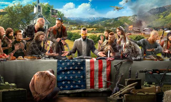 The cast of Far Cry 5 sits at a table.