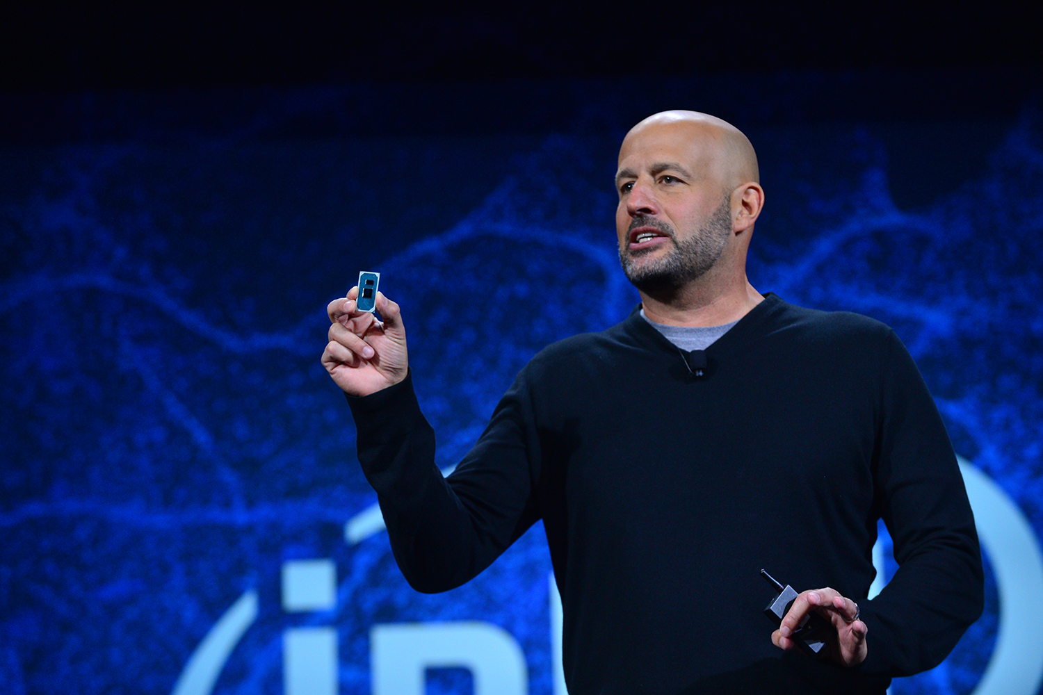 Gregory Bryant, Intel senior vice president in the Client Computing Group, displays a “Lakefield” reference board during Intel Corporation’s news event at CES 2019 on Jan. 7, 2019, in Las Vegas.