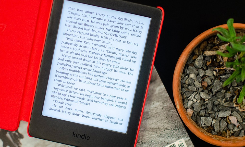 An Amazon Kindle 2019 model sits outside with text on its display.