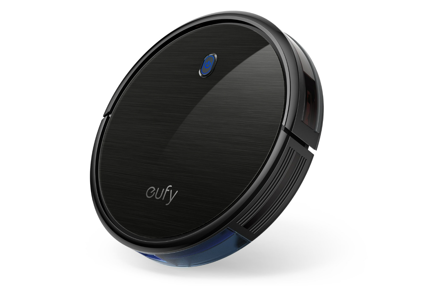 The slim version of the Eufy BoostIQ Robovac 11s, with the power button glowing faintly.