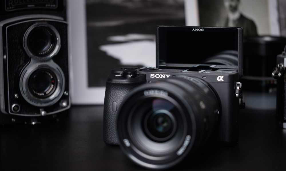 Sony A6600 front with flip screen raised in selfie position