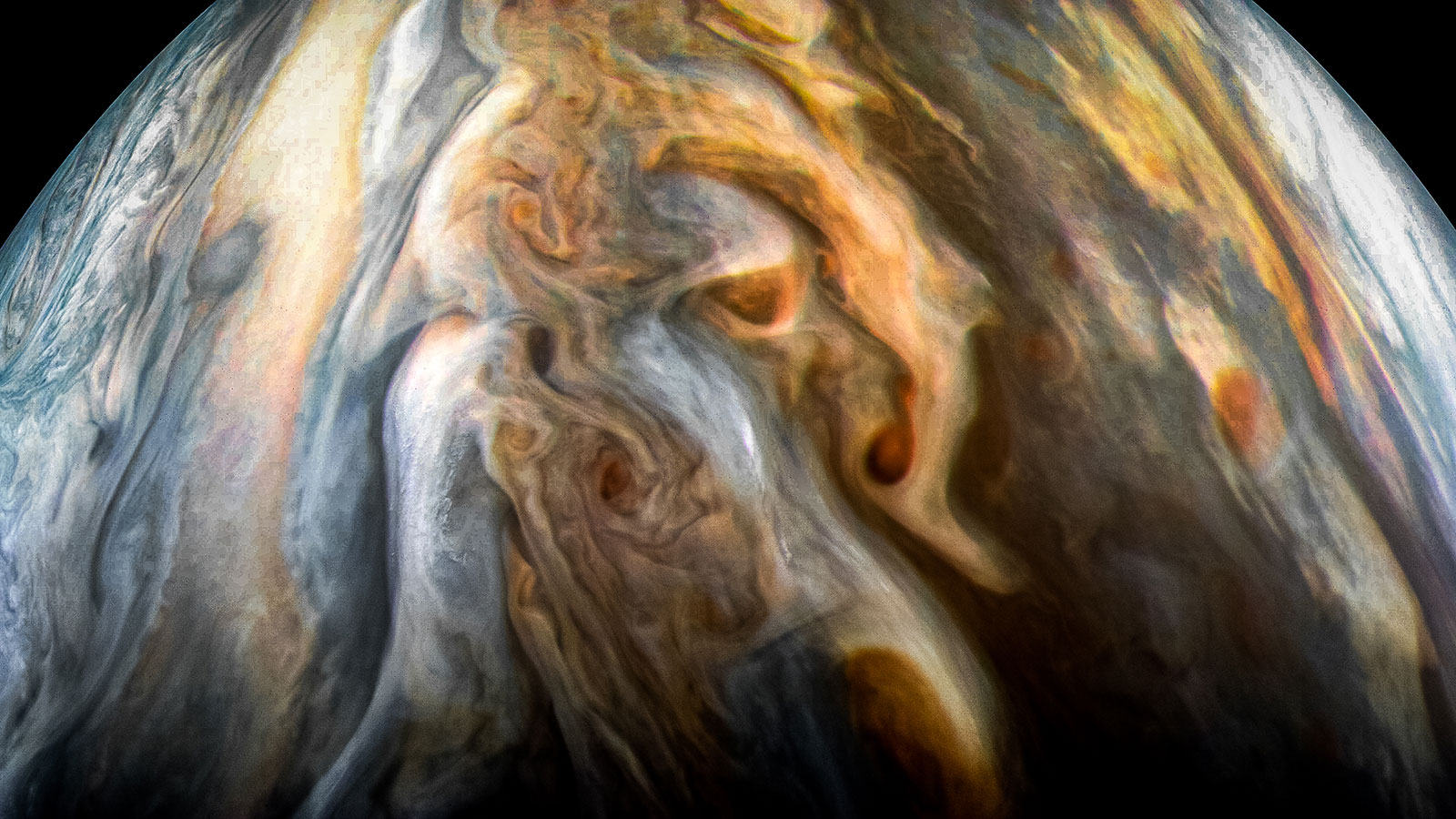 The JunoCam imager aboard NASA's Juno spacecraft captured this image of Jupiter's southern equatorial region on Sept. 1, 2017. The image is oriented so Jupiter's poles (not visible) run left-to-right of frame.