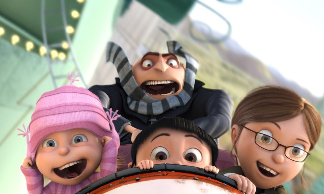 Gru and the girls on a ride in Despicable Me.