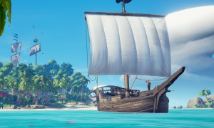 A ship sailing peacefully in Sea of Thieves.