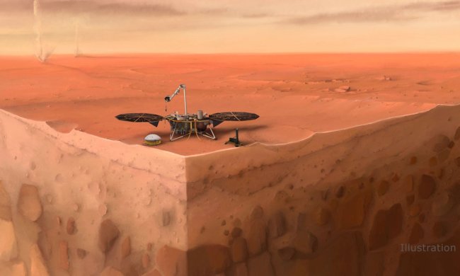 In this artist's concept of NASA's InSight lander on Mars, layers of the planet's subsurface can be seen below, and dust devils can be seen in the background.