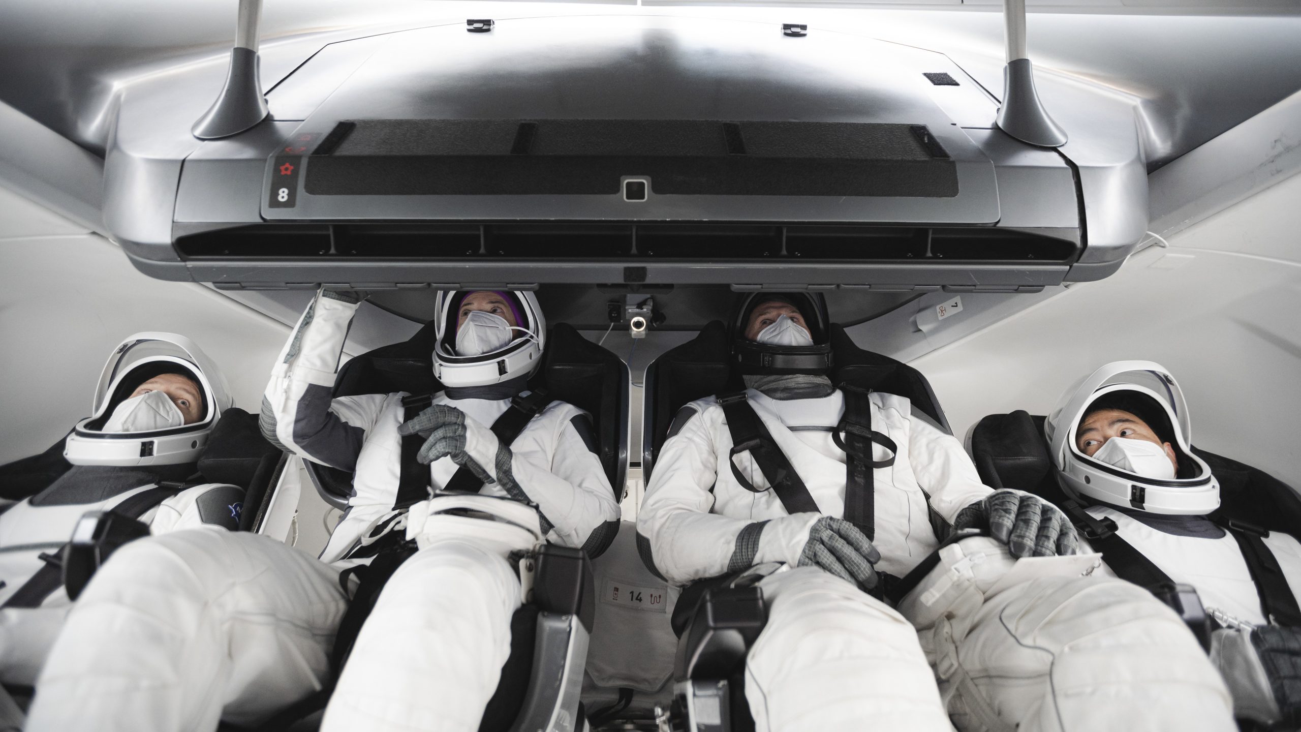 Members of the SpaceX Crew-2 mission to the International Space Station participated in training in Hawthorne, California, on Jan. 11, 2021. Pictured from left are ESA (European Space Agency) astronaut Thomas Pesquet, NASA astronauts Megan McArthur and Shane Kimbrough, and Japan Aerospace Exploration Agency (JAXA) astronaut Akihiko Hoshide. 