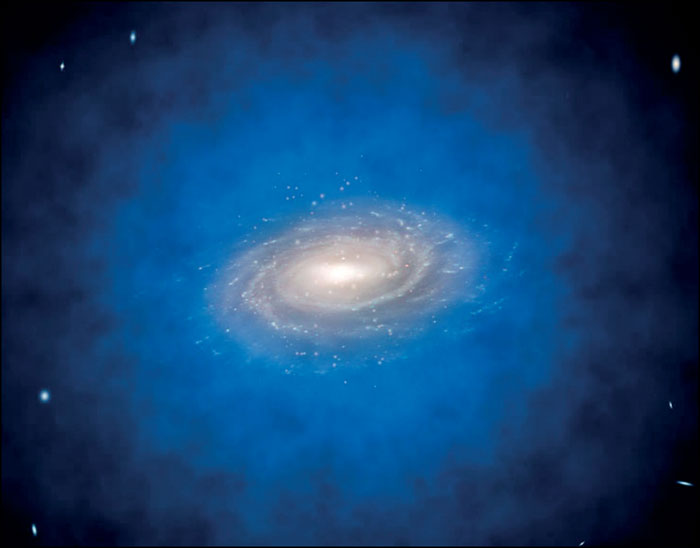 Artist’s impression of a spiral galaxy embedded in a larger distribution of invisible dark matter, known as a dark matter halo (coloured in blue)