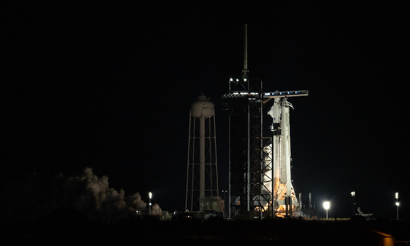 A SpaceX Falcon 9 rocket with the company’s Crew Dragon spacecraft onboard is seen on the launch pad at Launch Complex 39A during a brief static fire test ahead of NASA’s SpaceX Crew-2 mission, Saturday, April 17, 2021, at NASA’s Kennedy Space Center in Florida. 