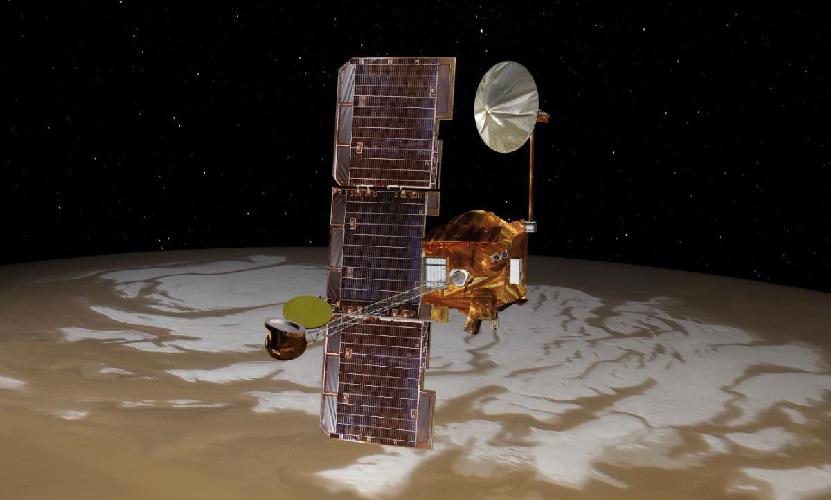 NASA's Mars Odyssey spacecraft passes above Mars' south pole in this artist's concept illustration. The spacecraft launched 20 years ago on April 7, 2001.