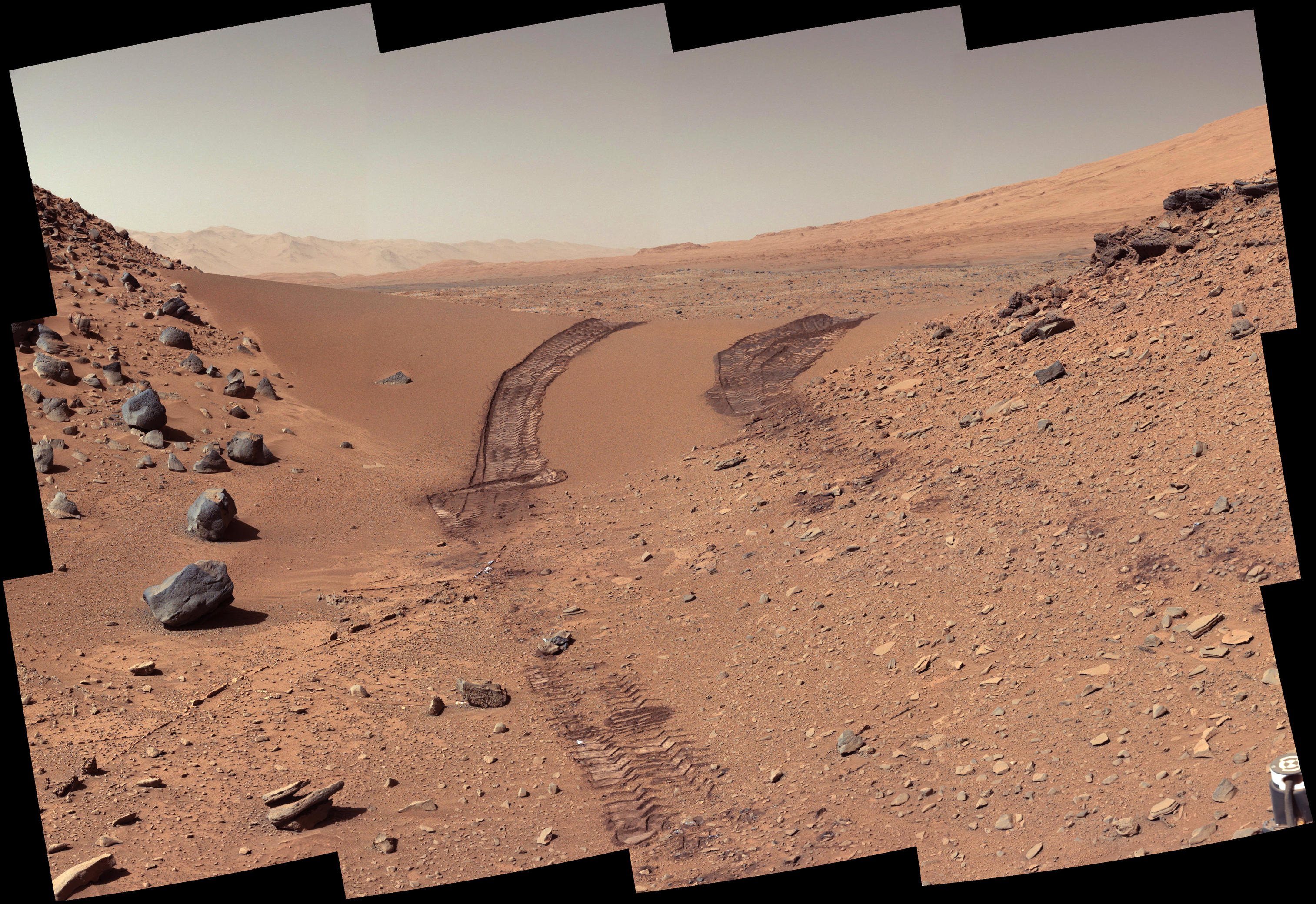 This look back at a dune that NASA's Curiosity Mars rover drove across was taken by the rover's Mast Camera (Mastcam) on Feb. 9, 2014, or the 538th Martian day, or sol, of Curiosity's mission.