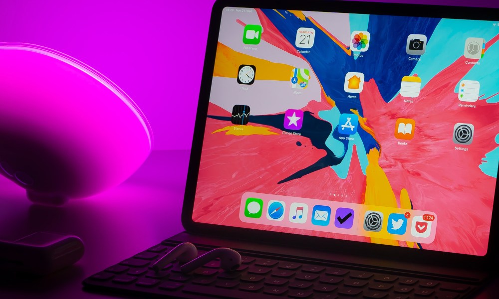 A close look of the iPad Pro connected to a keyboard.