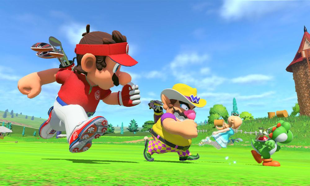 Mario, Wario, and Rosalina run in Mario Golf: Super Rush.