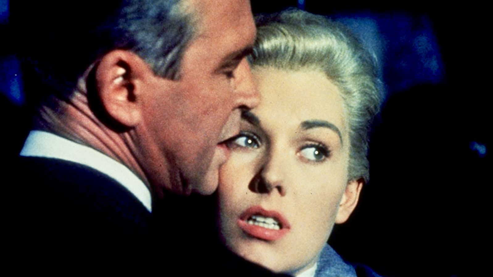 James Stewart and Kim Novak embracing in Vertigo (1958)