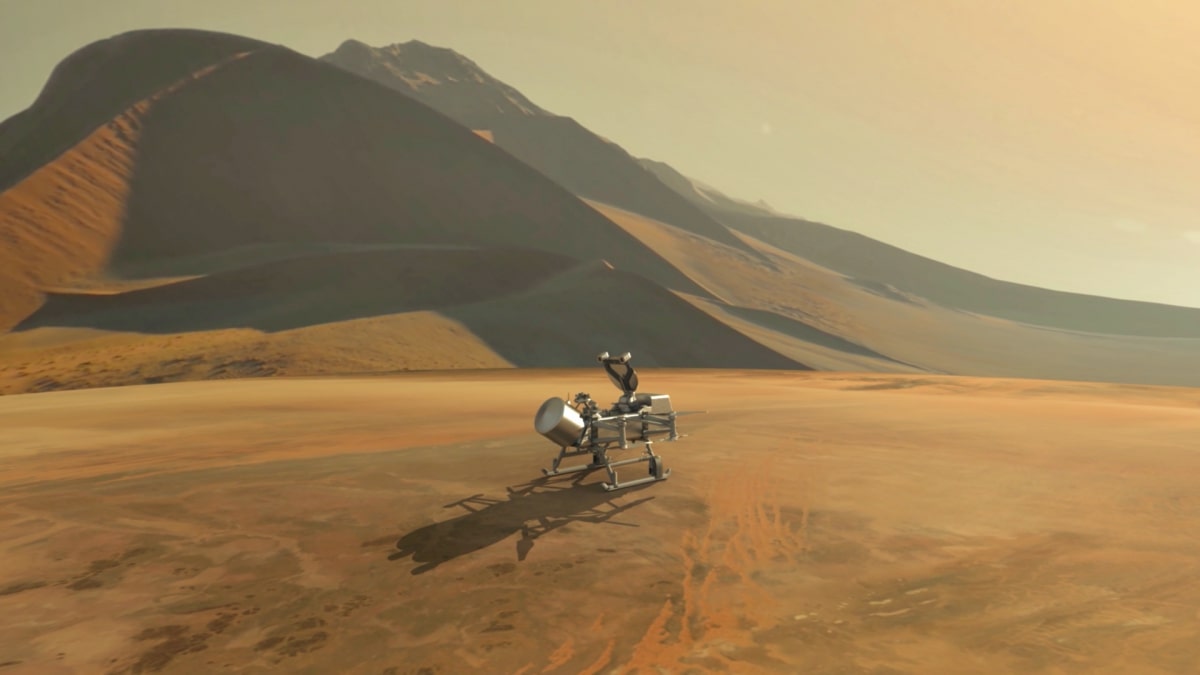 Artist's impression of Dragonfly in flight over Titan. 