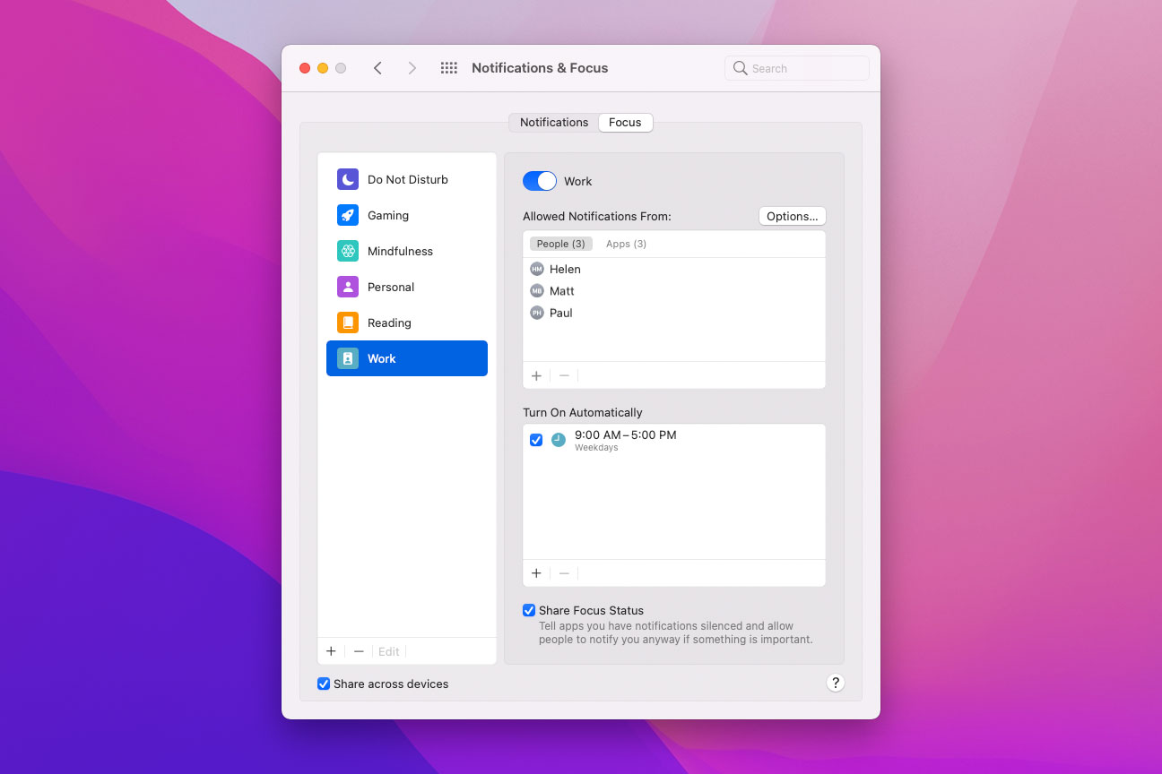 Focus mode in MacOS Monterey with several Focus modes created.