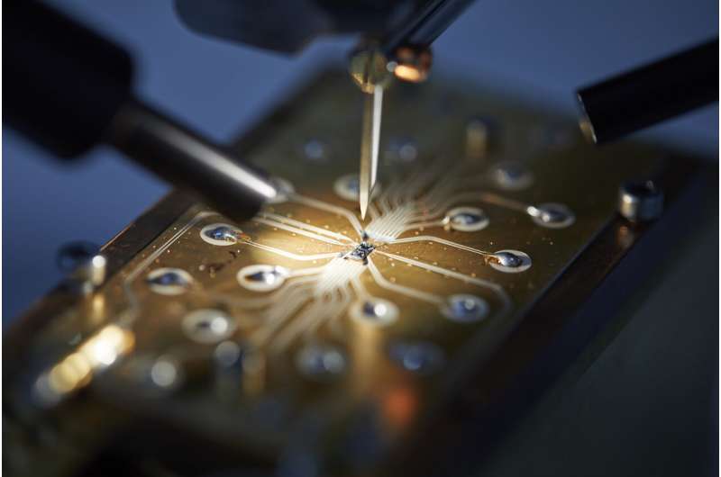 Spin qubit device being connected to circuit board in preparation for measurement.