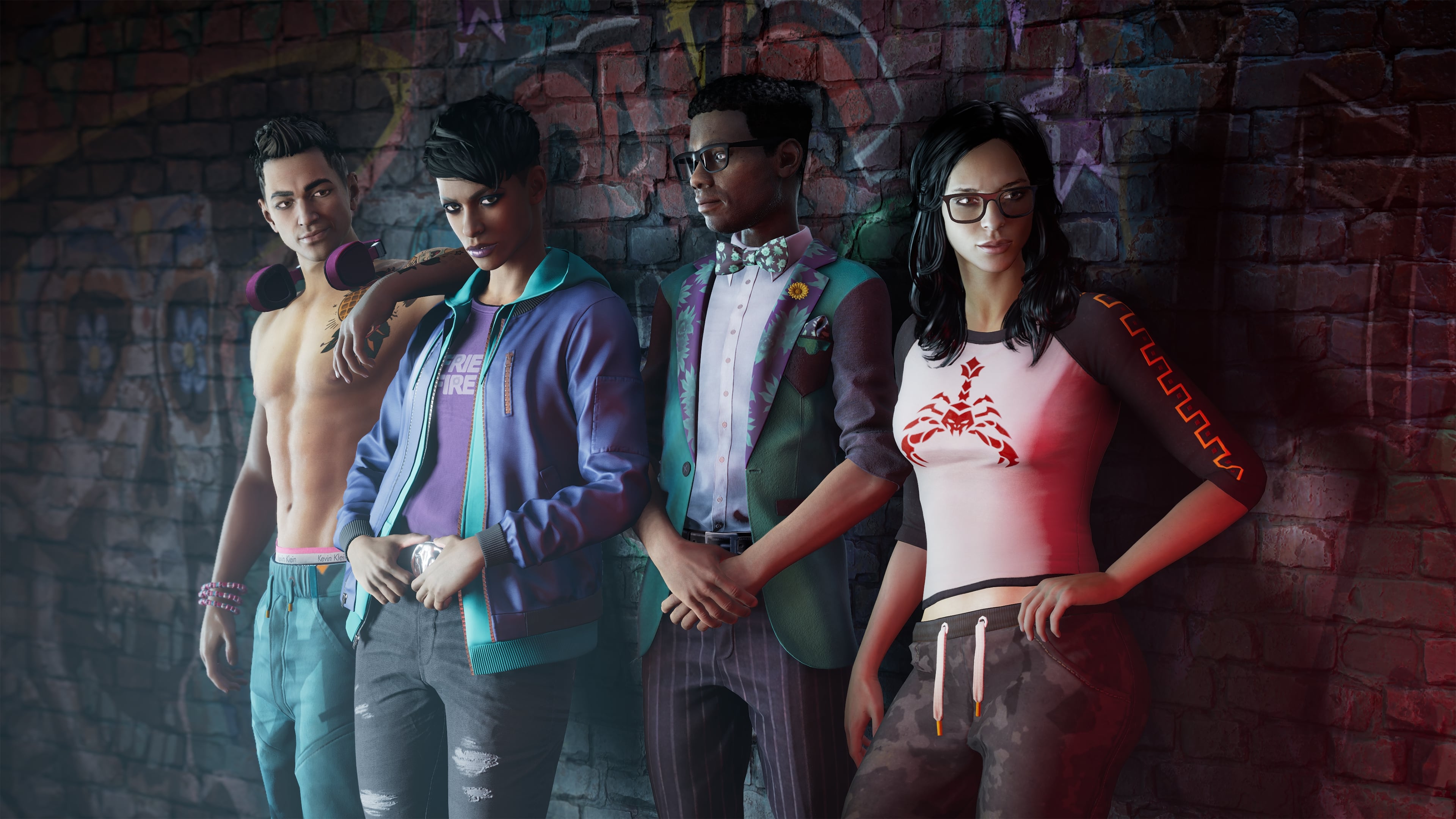 The crew of the Saints Row reboot stands against a wall.