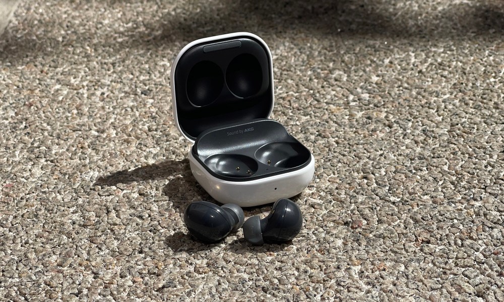 The Samsung Galaxy Buds 2 and their case sitting on the ground.