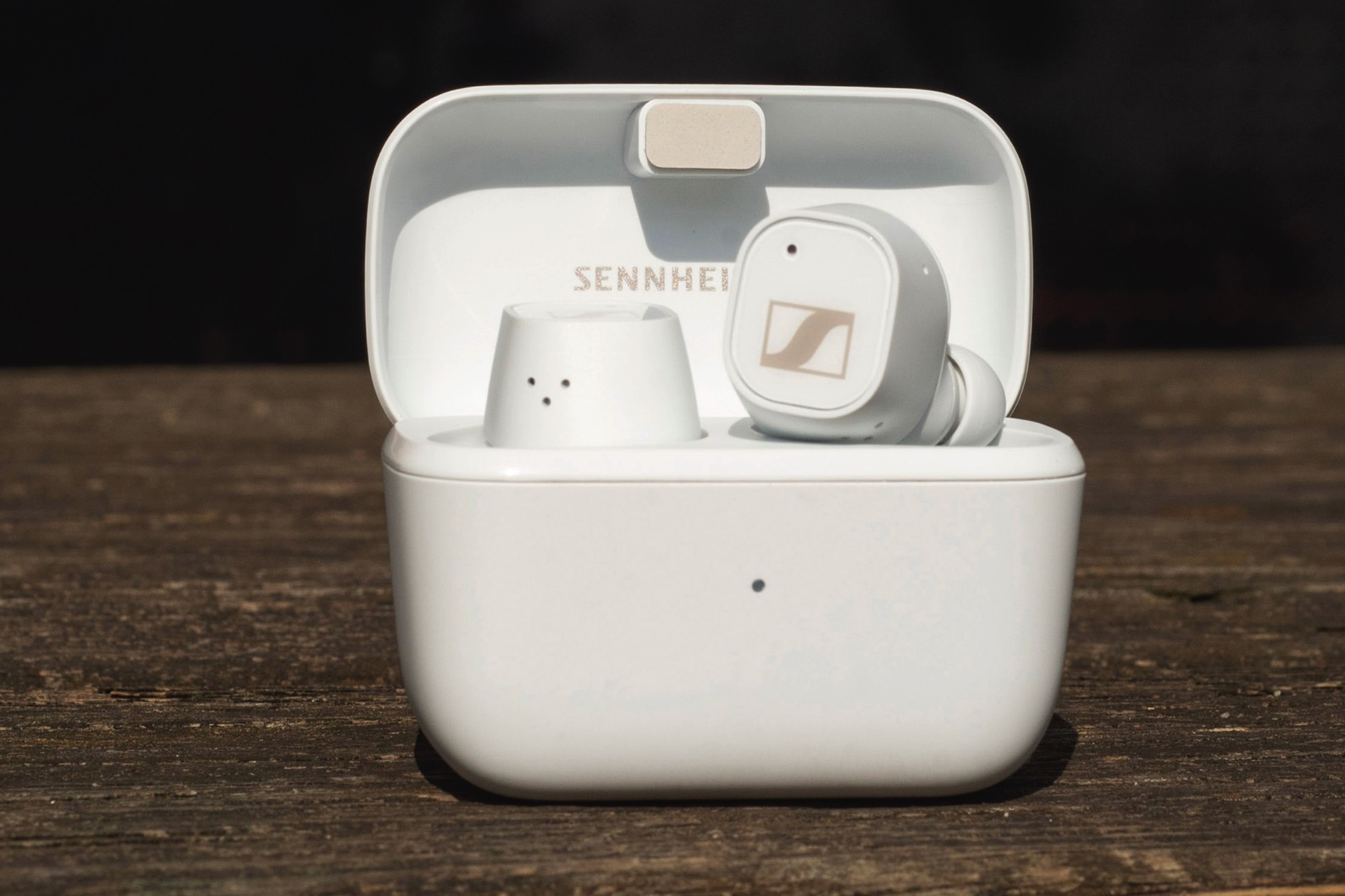 Sennheiser CX Plus True Wireless earbuds in white.