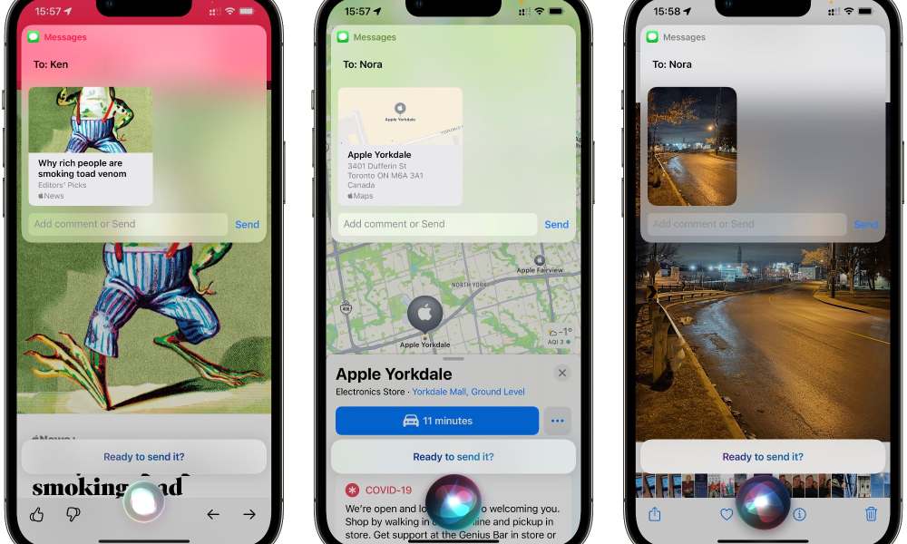 Three iPhone screens showing News, Maps, and Photos being shared using Siri.