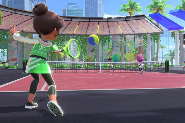 A Mii hits a tennis ball in Nintendo Switch Sports.