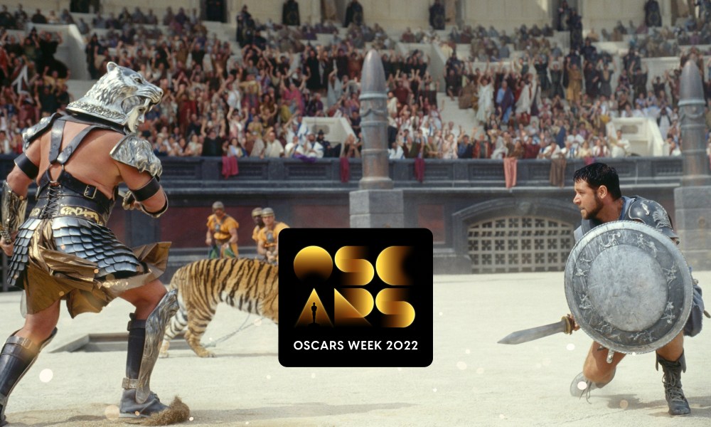 An "Oscars Week" badge on a still from Gladiator (2000).