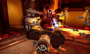 Firing two guns at a missile-launching robot in Mothergunship: Forge