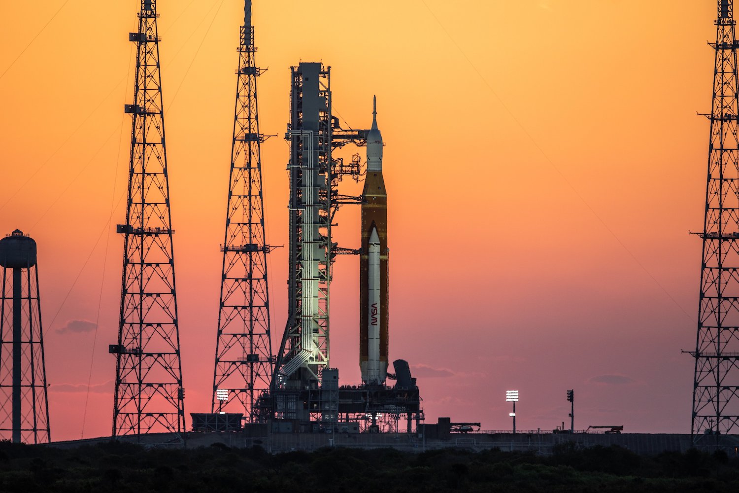 NASA's mega moon rocket on the launchpad at the Kennedy Space Center.