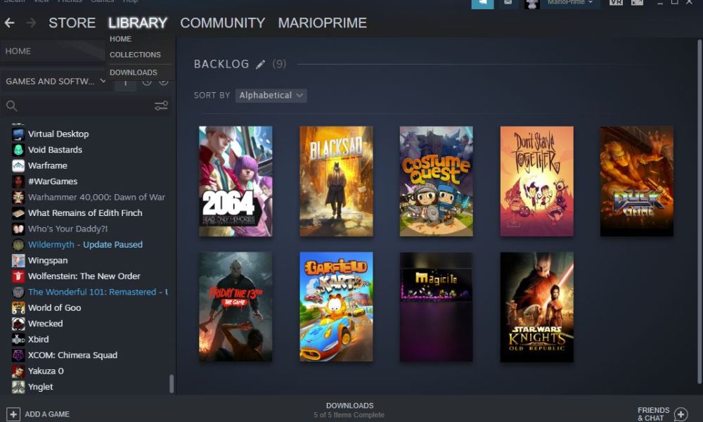 A Steam Collection shows a player's backlog.