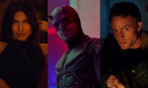 Split image of Elektra, Daredevil, and Bullseye in the MCU.