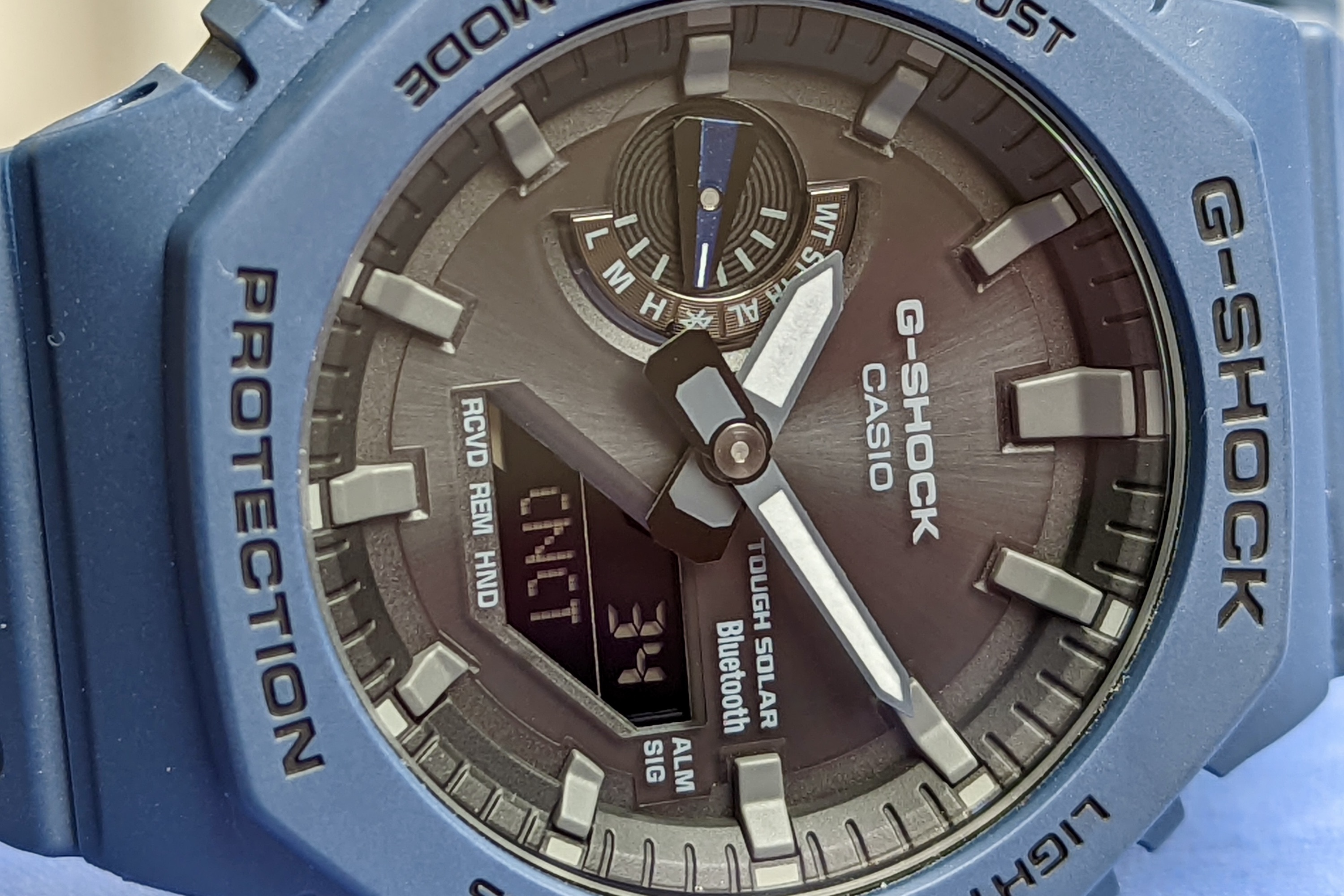 Close-up of the blue G-Shock GA-B2100's dial.