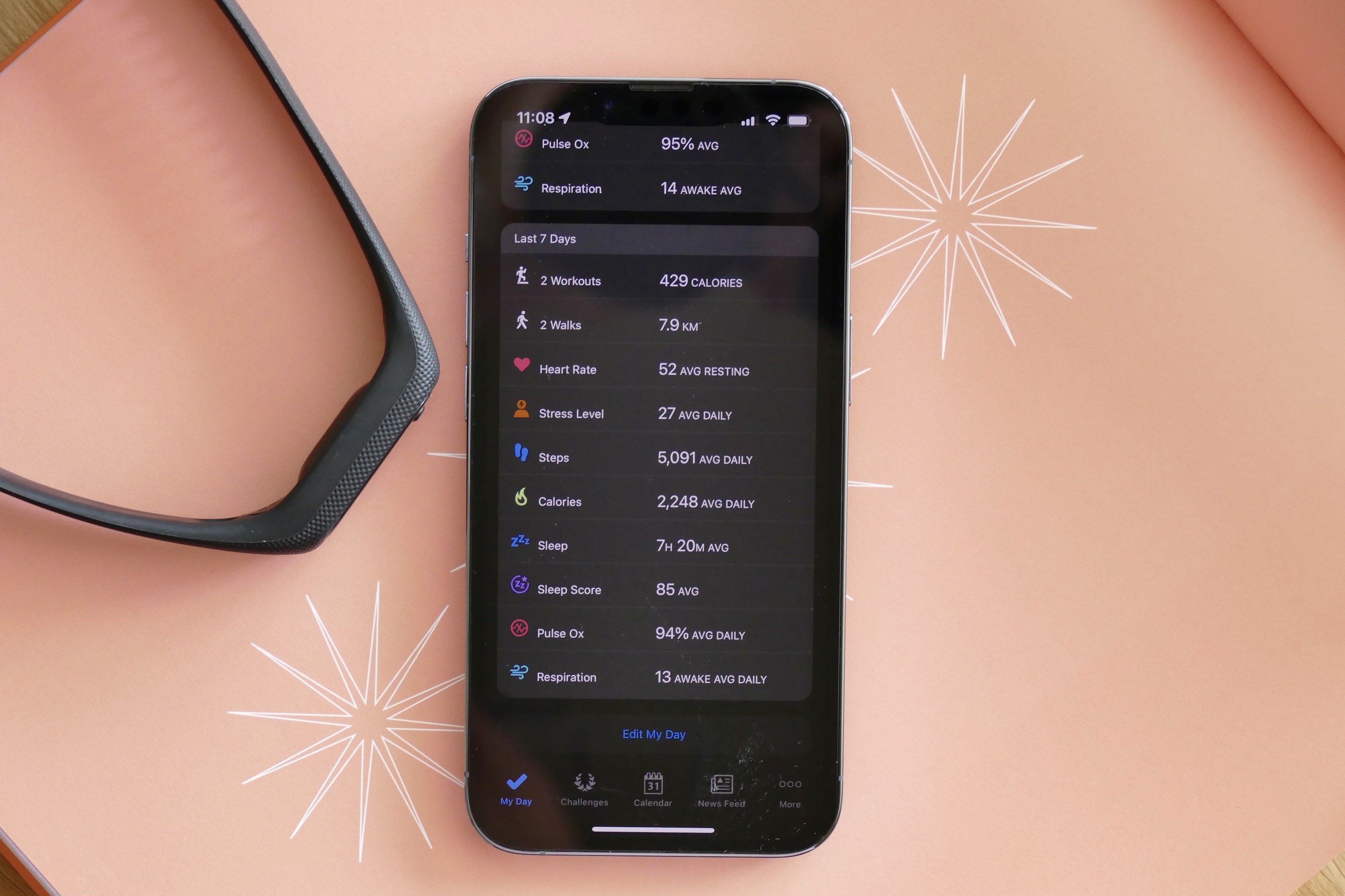 Garmin Vivosmart 5 Connect app showing 7 days data..