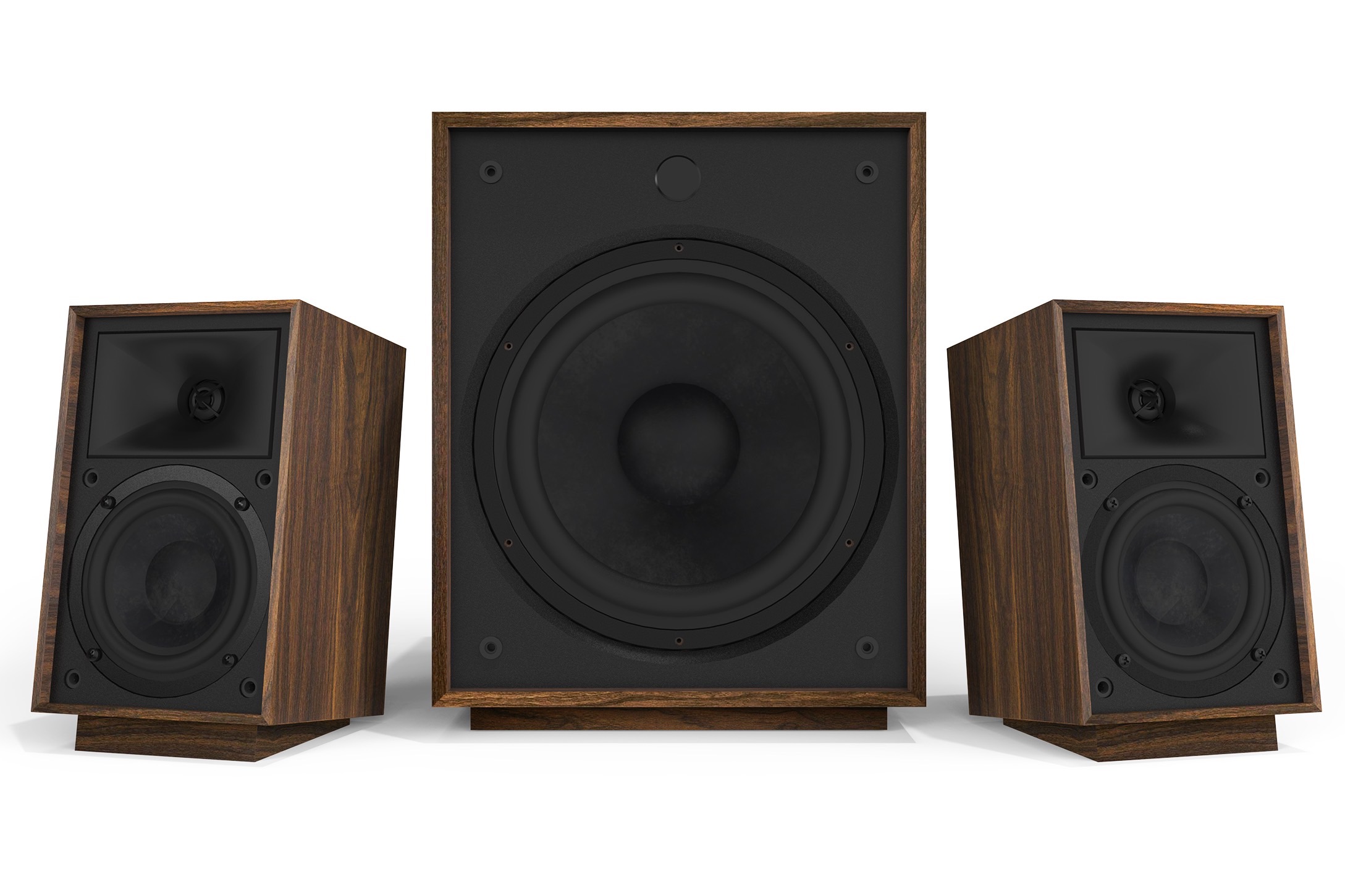 Klipsch ProMedia 2.1 speaker system seen with grilles removed.