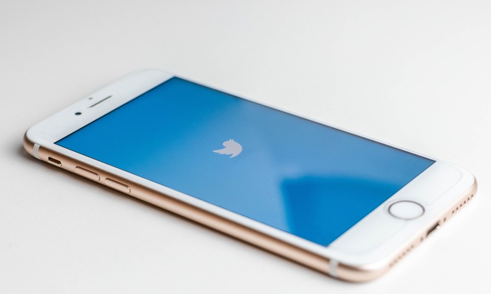 A Twitter icon on a blue background on a smartphone's screen, all on a white background.