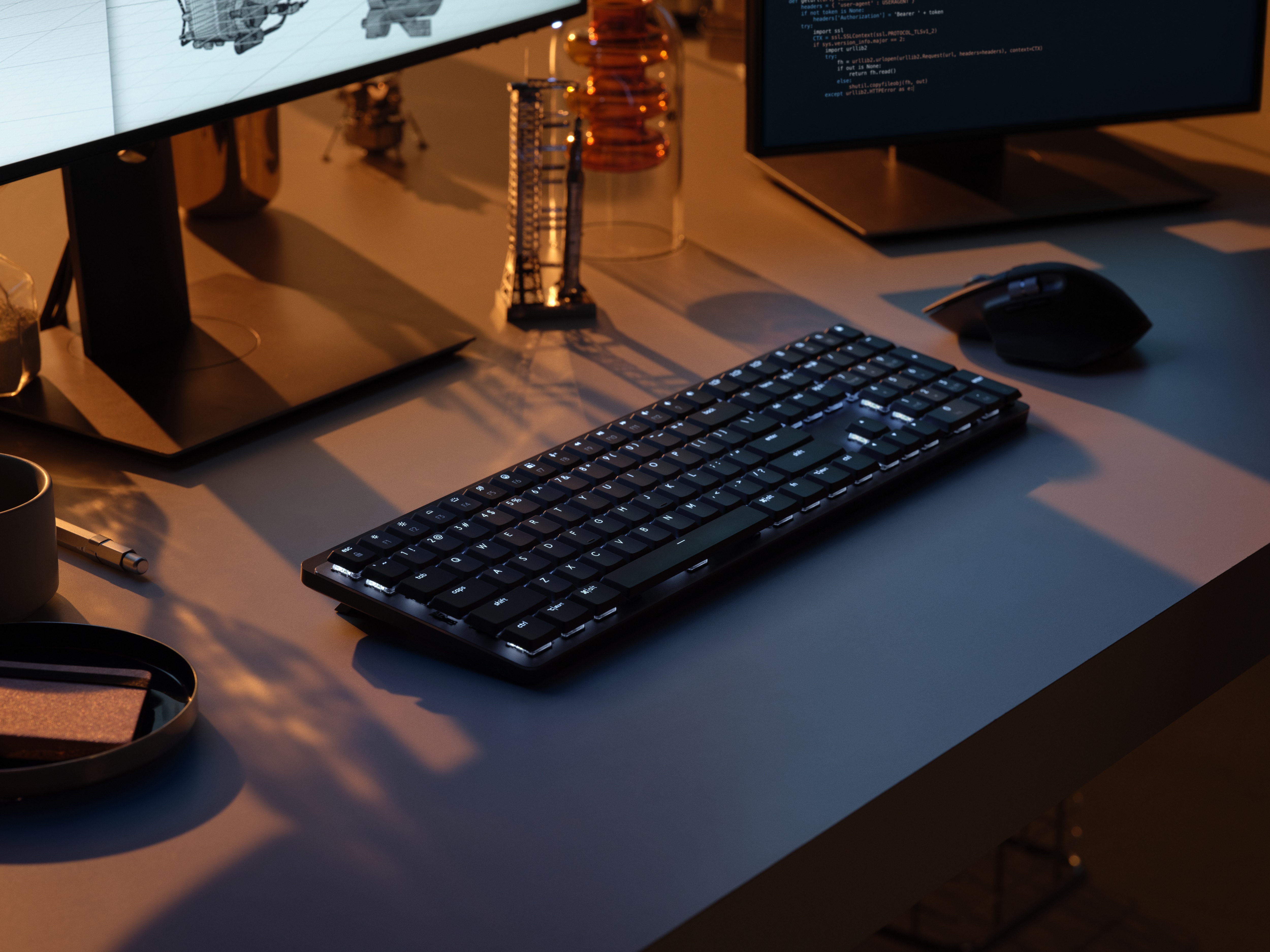 MX Mechanical keyboard from bottom left corner at night.