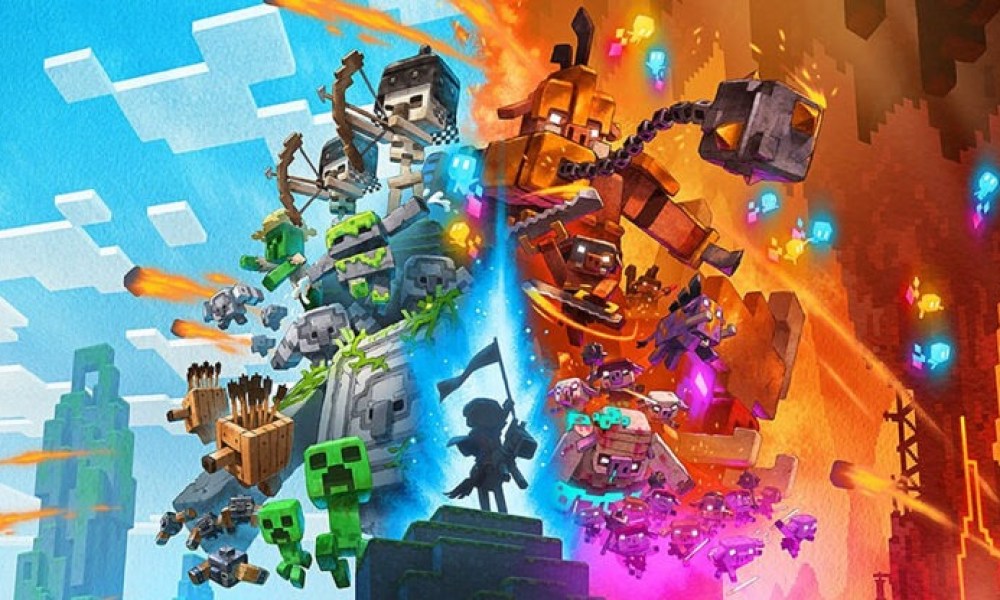 Minecraft Legends artwork featuring dozens of characters on a blue and red background.