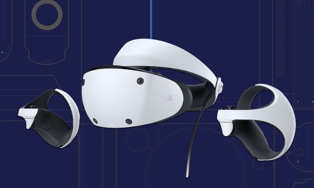 Playstation VR2 headset on a PlayStation-themed wallpaper.